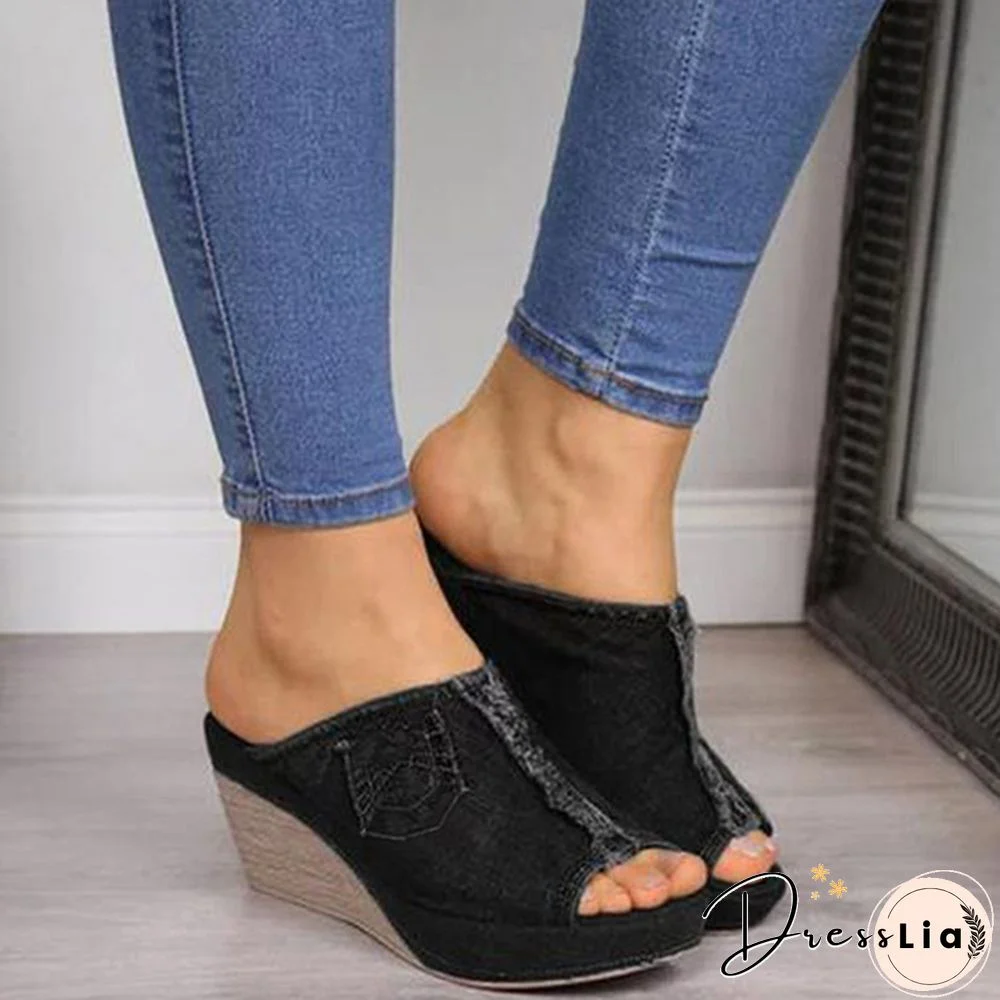 Ladies Fashion Retro Denim Wedge Slippers High Wedges Platforms Sandals