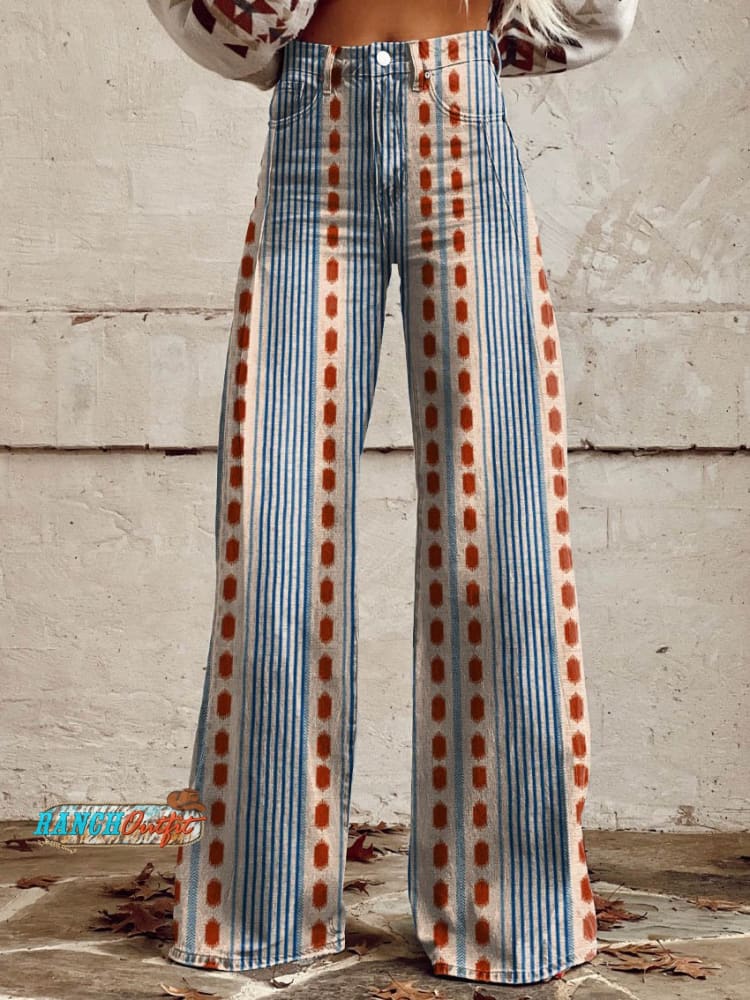 Women’s Blue And Red Stripes Print Casual Wide Leg Pants Multicolor / S