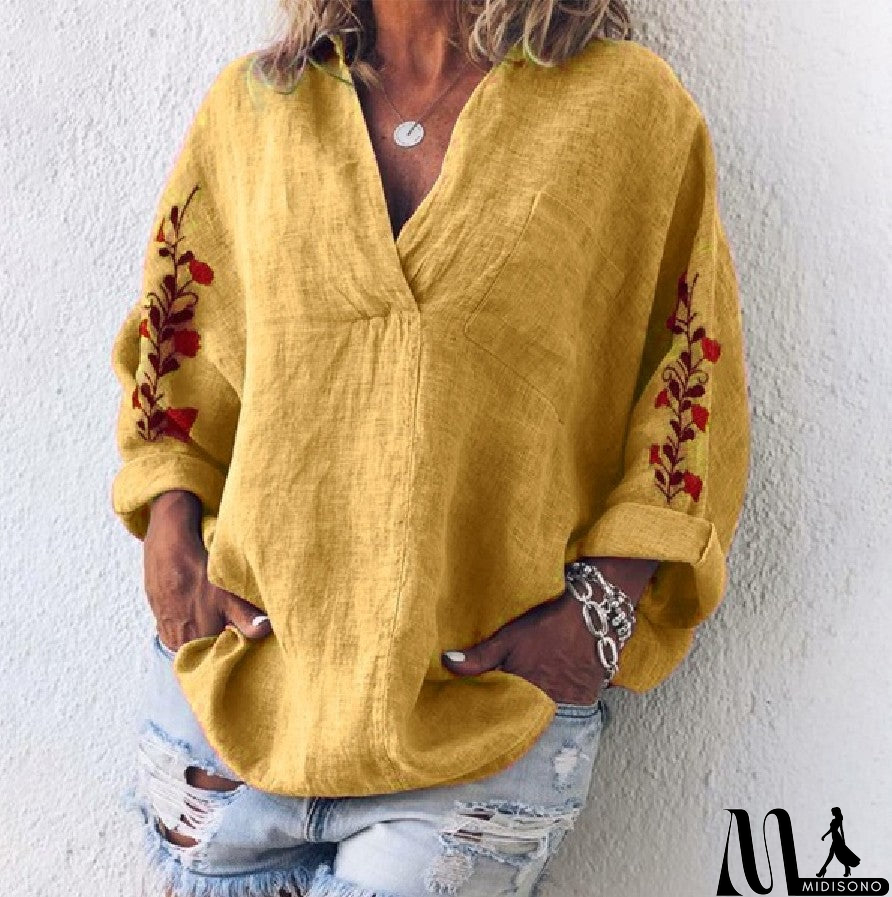 MidiSono - Loose Long Sleeve V-Neck Shirt