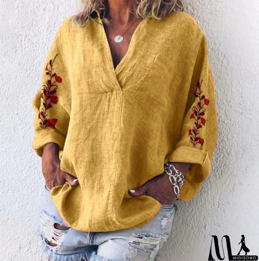 MidiSono - Loose Long Sleeve V-Neck Shirt