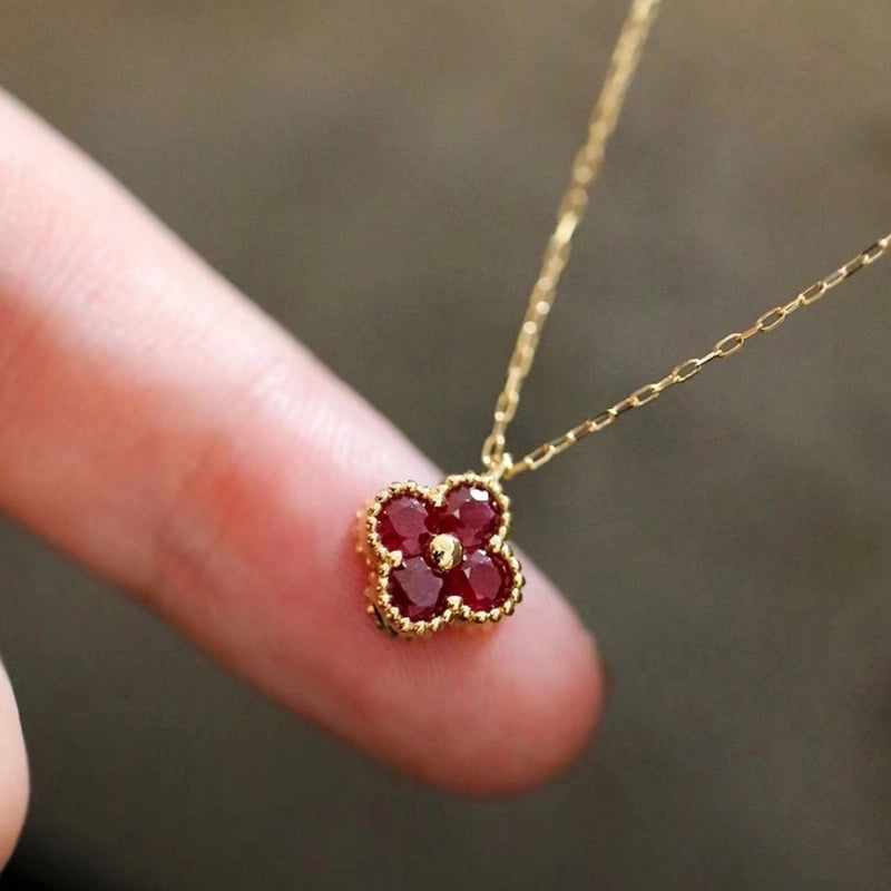 925 Sterling Silver Gem Inlay Four Leaf Clover Pendant Necklace