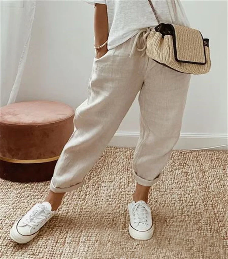 Zingj Cotton And Linen Solid Color Casual Pants