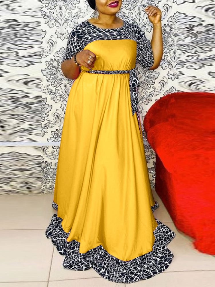 Patchwork Crew Neck Long Sleeve A Swing Women's Dress SKUI81330 QueenFunky