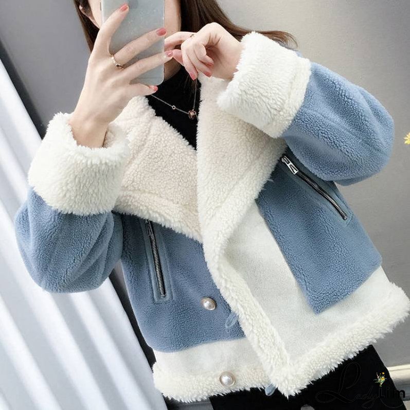 Short Loose Knit Lamb Wool Coat for Women
