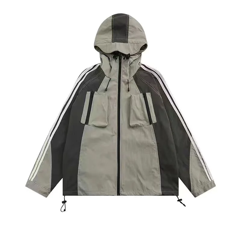 Huibahe Streetwear Techwear Jacket Women Windbreakers Vintage Harajuku Oversize Track Jackets Outdoor Zipper Hooded Loose Coats