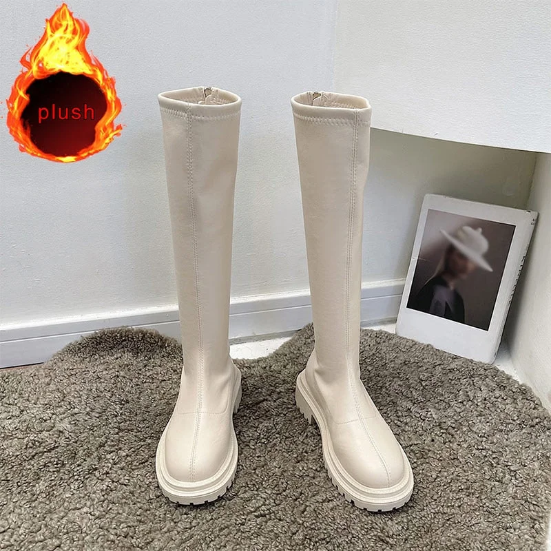 Women's Long Boots Soft PU Leather Autumn Shoes Thick Soled Platform Fashion Ladies Knee High Boots 2021 Solid Color Female Boot