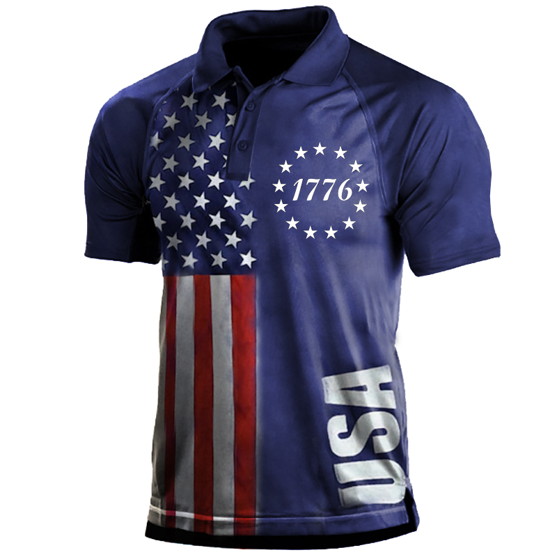 Men's 1776 American Flag Print Polo Collar T-Shirt