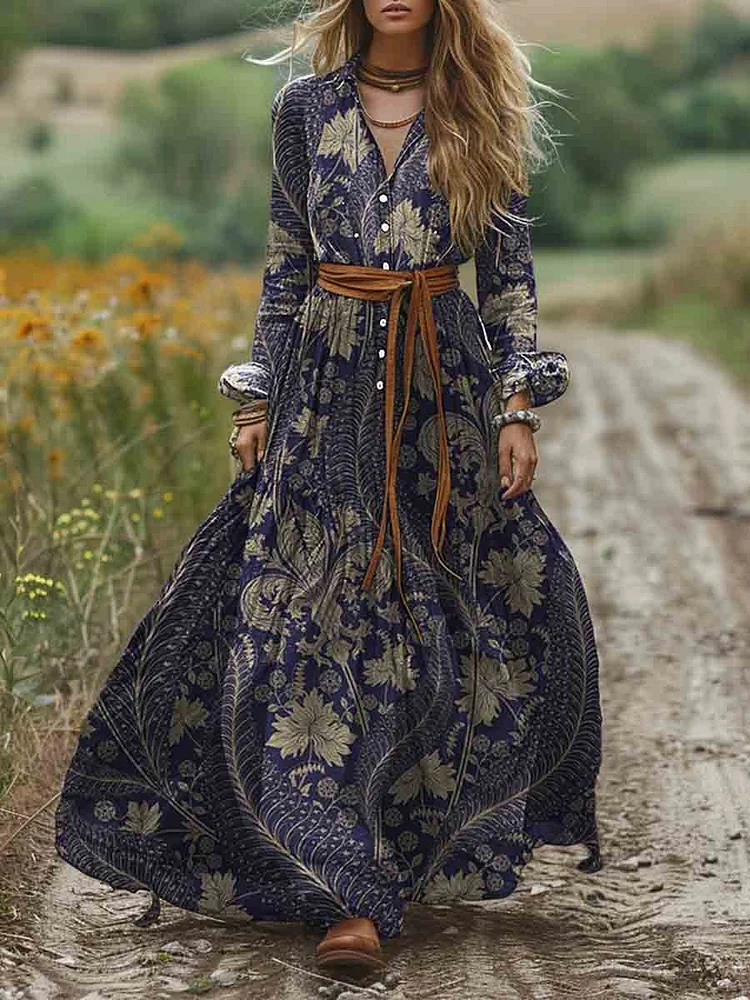 Women Shirt Collar Ethnic Print Pocket Long Sleeve Cotton Dress