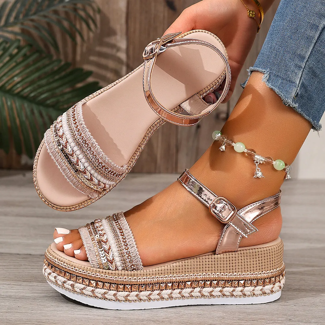 Yyvonne Summer New Large-Size Fish Mouth Buckle Slope Heel Sandals Women's Fashion Comfortable Thick-Soled Bright Face Women's Sandals