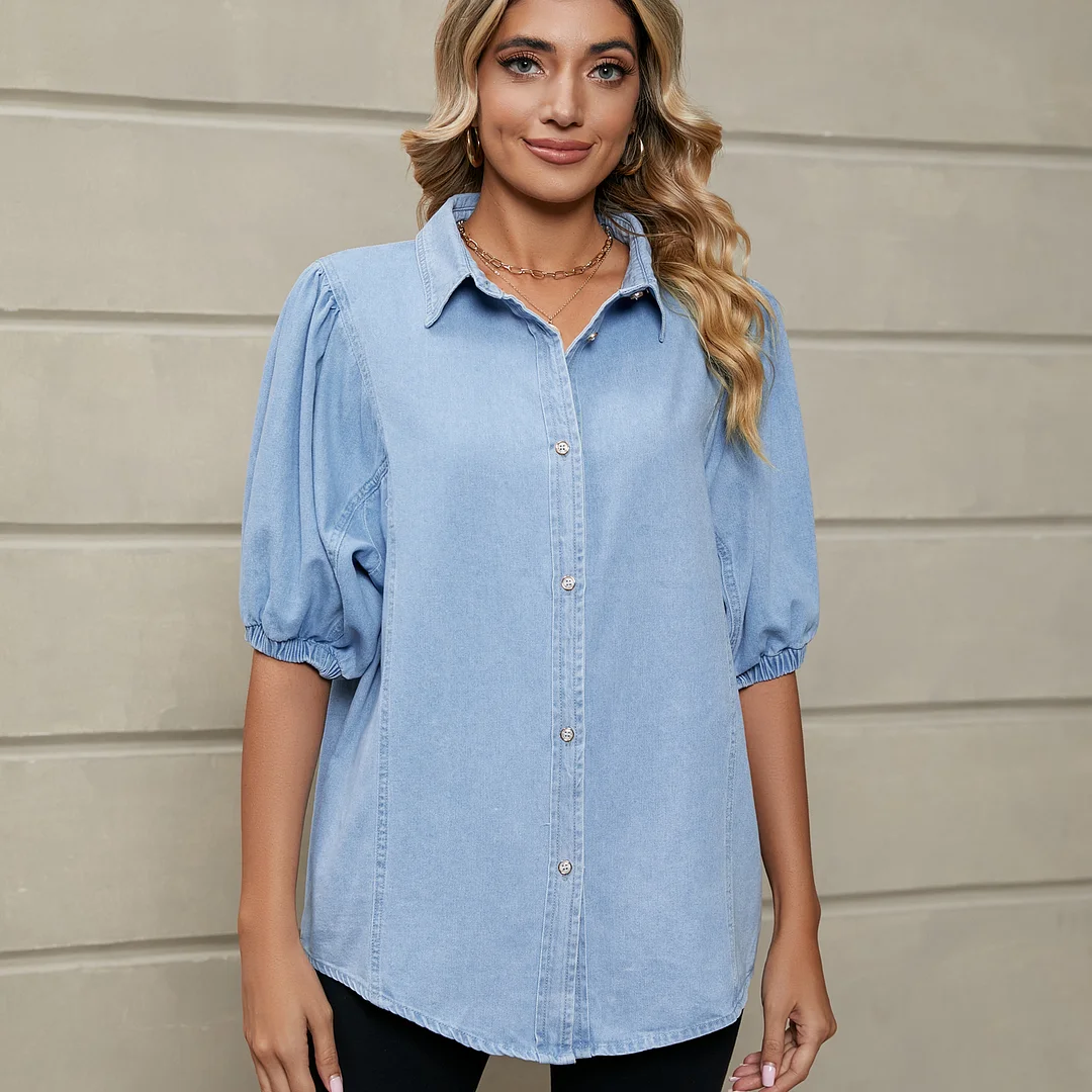 Women's Elastic Princess Short Sleeves Denim Shirt Casual Top