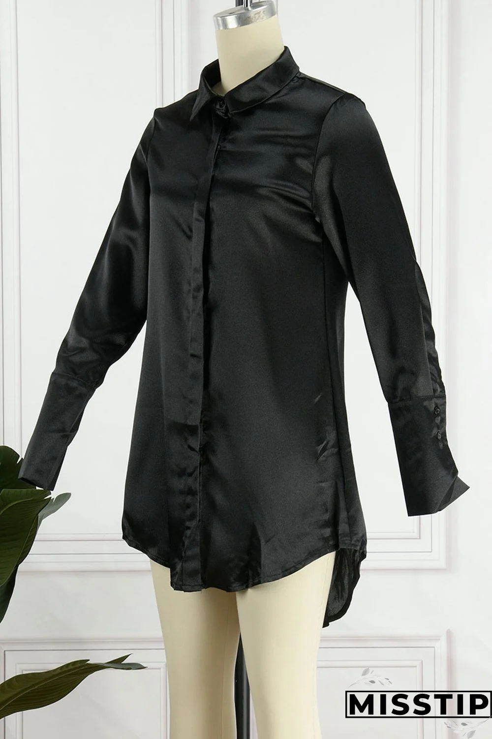 Black Casual Solid Patchwork Buckle Turndown Collar Tops