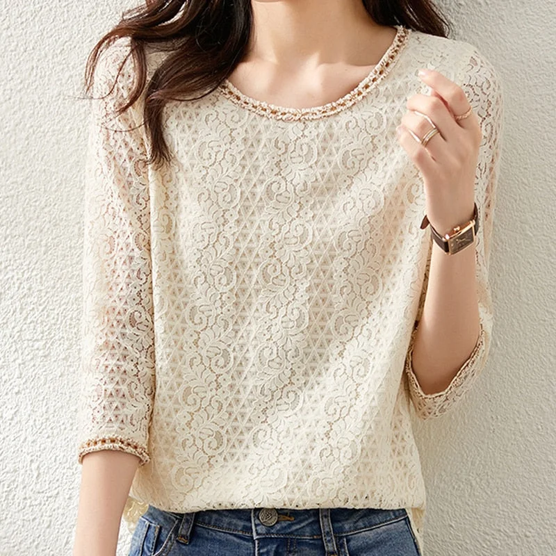 Autumn New High-end Crocheted Hollow Blouse Blue O-neck Three-quarter Sleeve Fairy Lace Blouse Elegant Apricot Print Shirt 16704