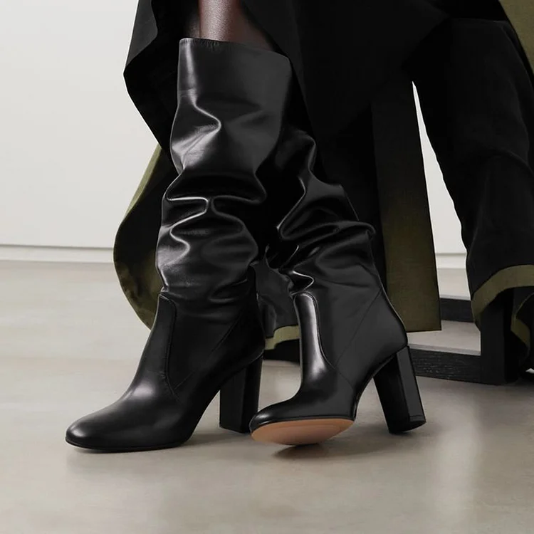 Black Round Toe Calf Boots Women'S Vintage Chunky Heels Classic Boots |FSJ Shoes