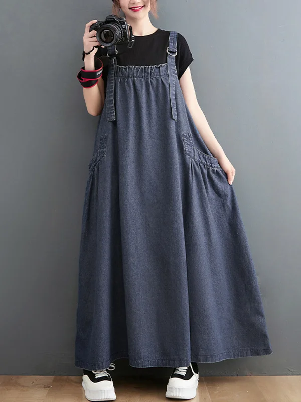Vintage Loose Artistic Retro Solid Color Strap Denim Midi Dress