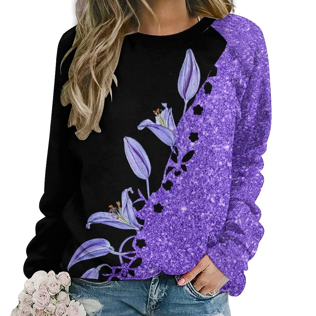 Printed Long Sleeve Casual Sweatshirt for  Women and Men Unisex Pattern Purple, Floral, Glitter
