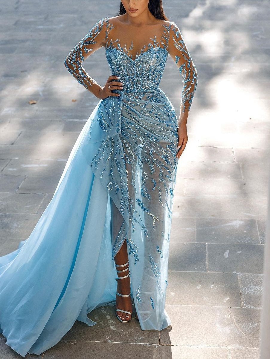 Neosepa-Elegant Long Sleeve Tulle Sexy Bodice Rhinestones Decorated Pleated Blue Gown