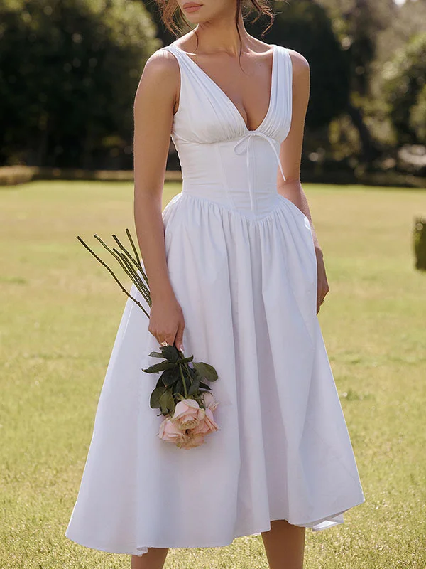 Deep V-Neck Waistband Solid Color Mid-Length Vest Dress