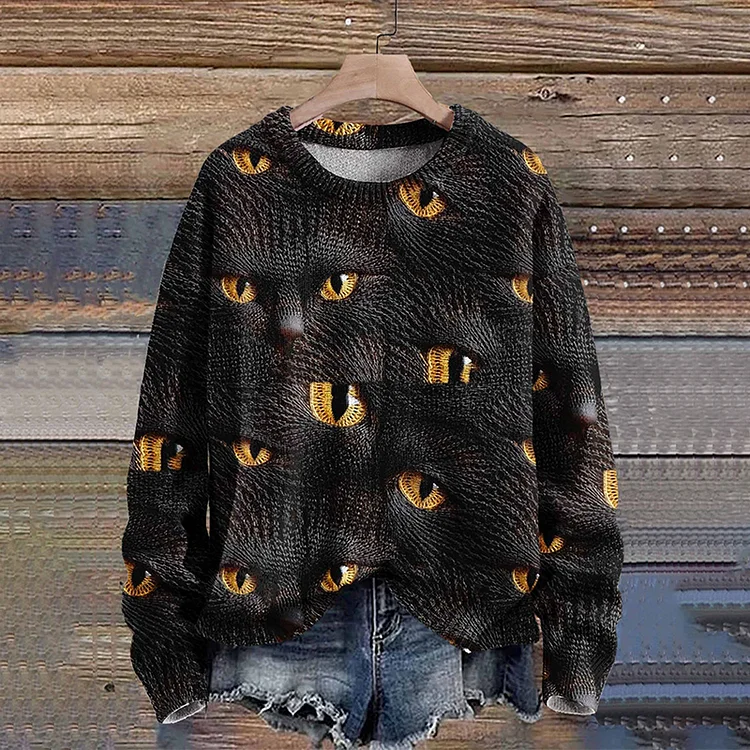 Black Cat Autumn Season Halloween Art Print Knit Pullover Sweater