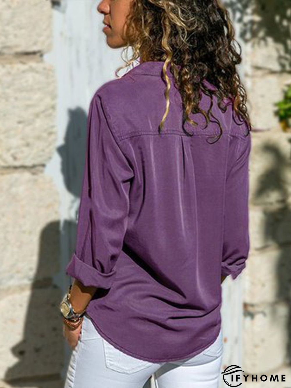 Women Fashion Turn Down Collar Solid  V Neck Long Sleeve Blouse | IFYHOME
