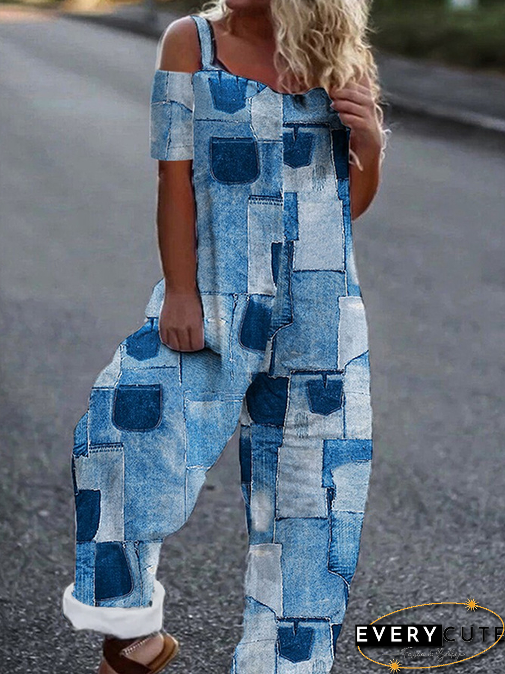 Geometric Casual Summer Square neck Lightweight No Elasticity Daily Loose H-Line Jumpsuit & Romper for Women