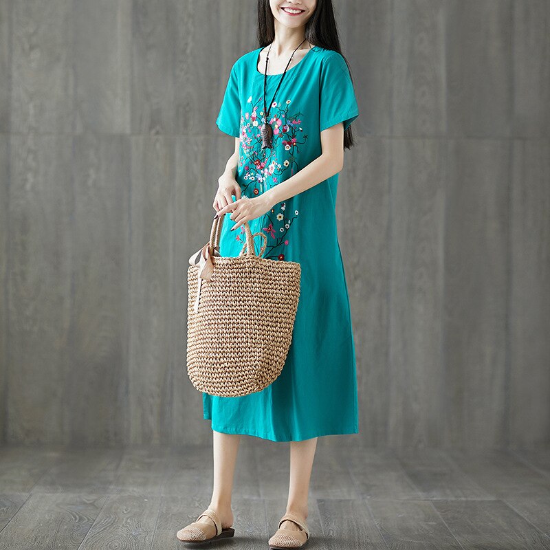 Summer Loose Dress Woman Casual Vestido Embroidered Short Sleeve Retro Woman Dress