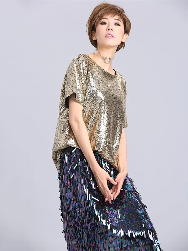 Stylish Round-Neck Sequinned T-Shirt Top