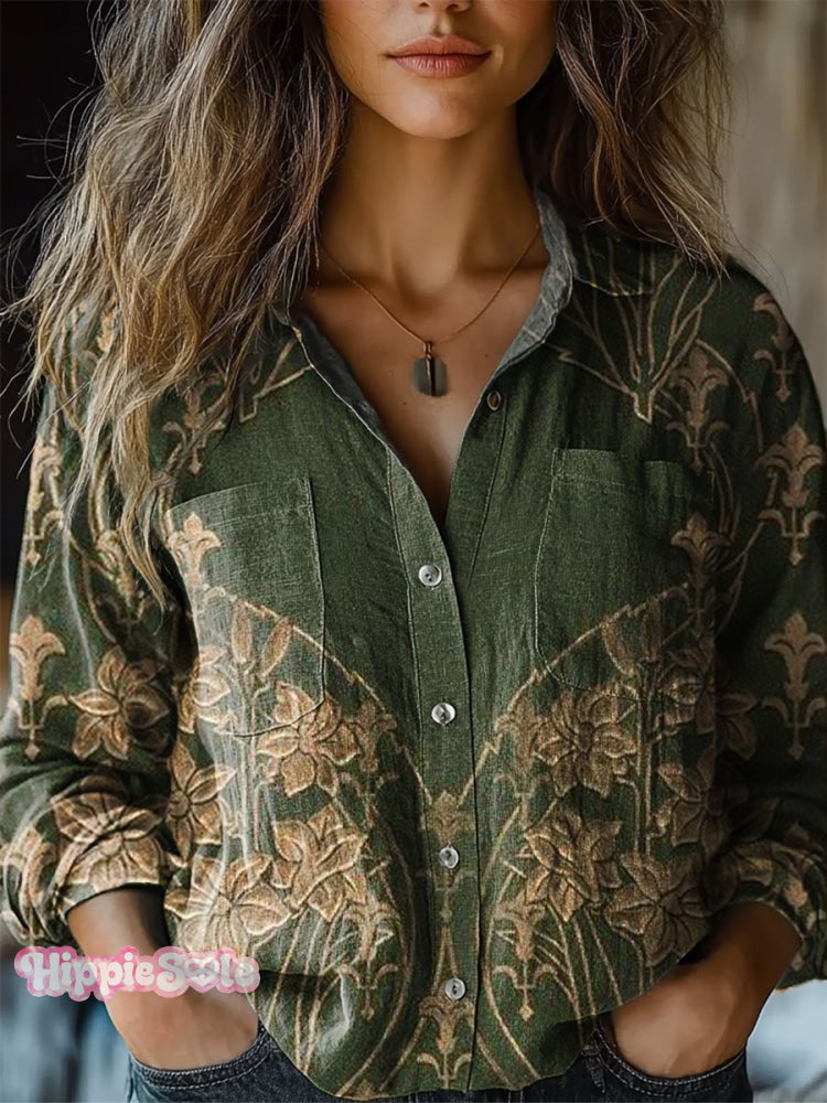 Women’s Retro Ethnic Floral Pattern Print Casual Long Sleeve Comfortable Cotton Shirt Multicolor / S