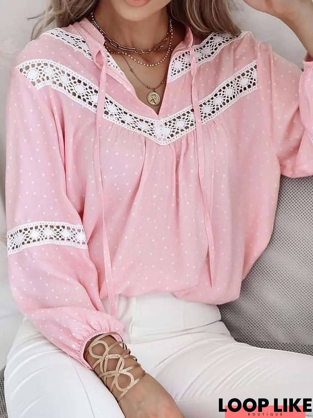 Casual Polka Dots Lace Blouse