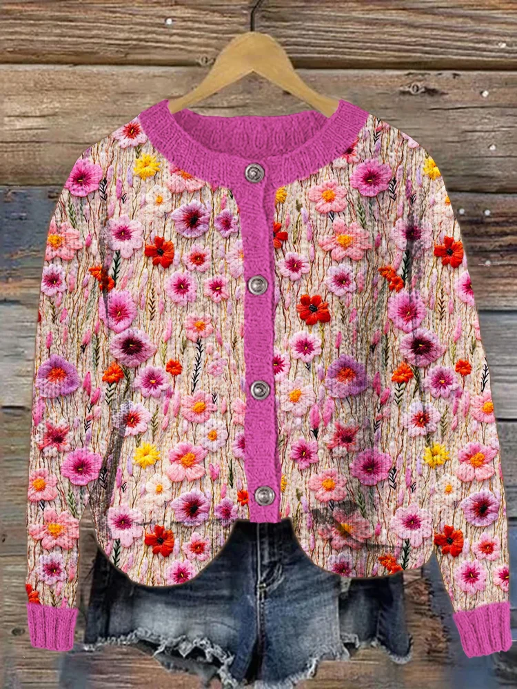 VChics Pink Floral Art Print Sweater Cardigan