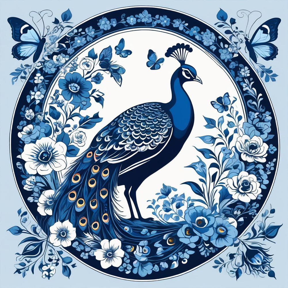 Blue And White Porcelain Style Peacock 40*40cm(canvas) full round drill diamond painting