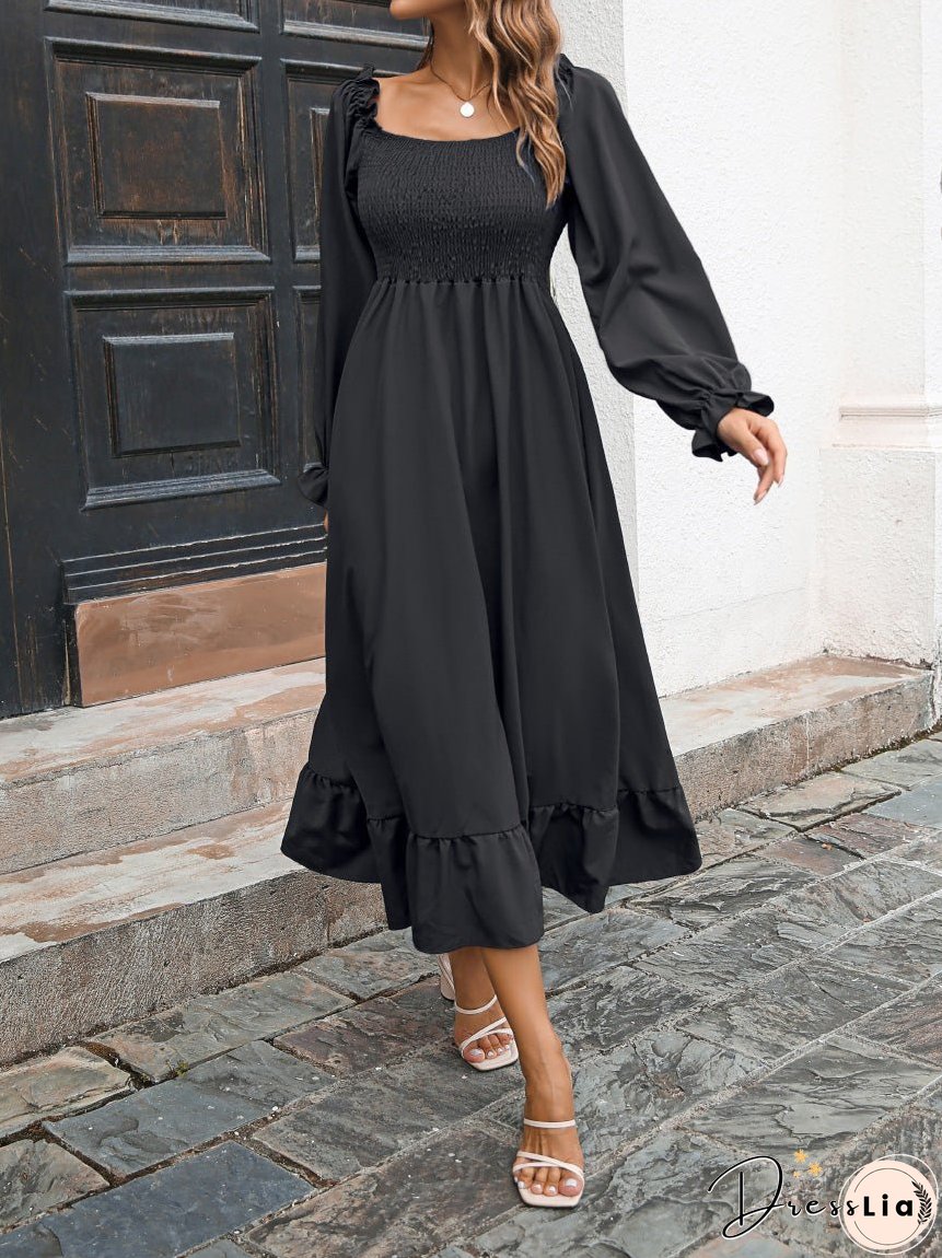 Casual Square Neck Long Sleeve Ruffle Dress