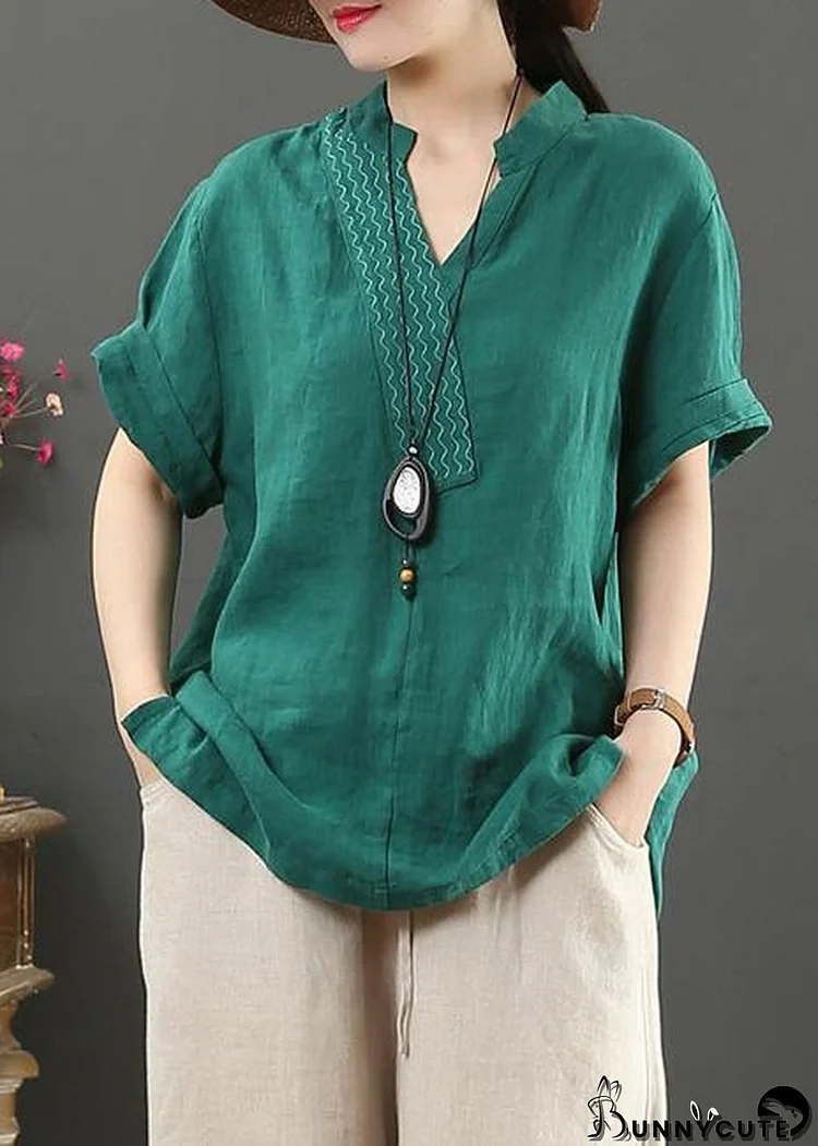 diy v neck cotton linen summer clothes green silhouette top