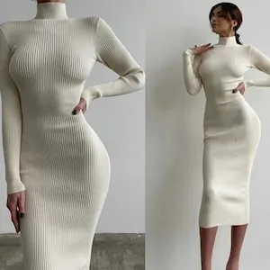 pornhint Pornhint Long Sleeve Knitted Maxi Dress/Bodycon Dress/Winter Dress/Turtleneck Mini Dress/Knit Dress/White Knit Dress/Sexy Dress/High Neck Dress