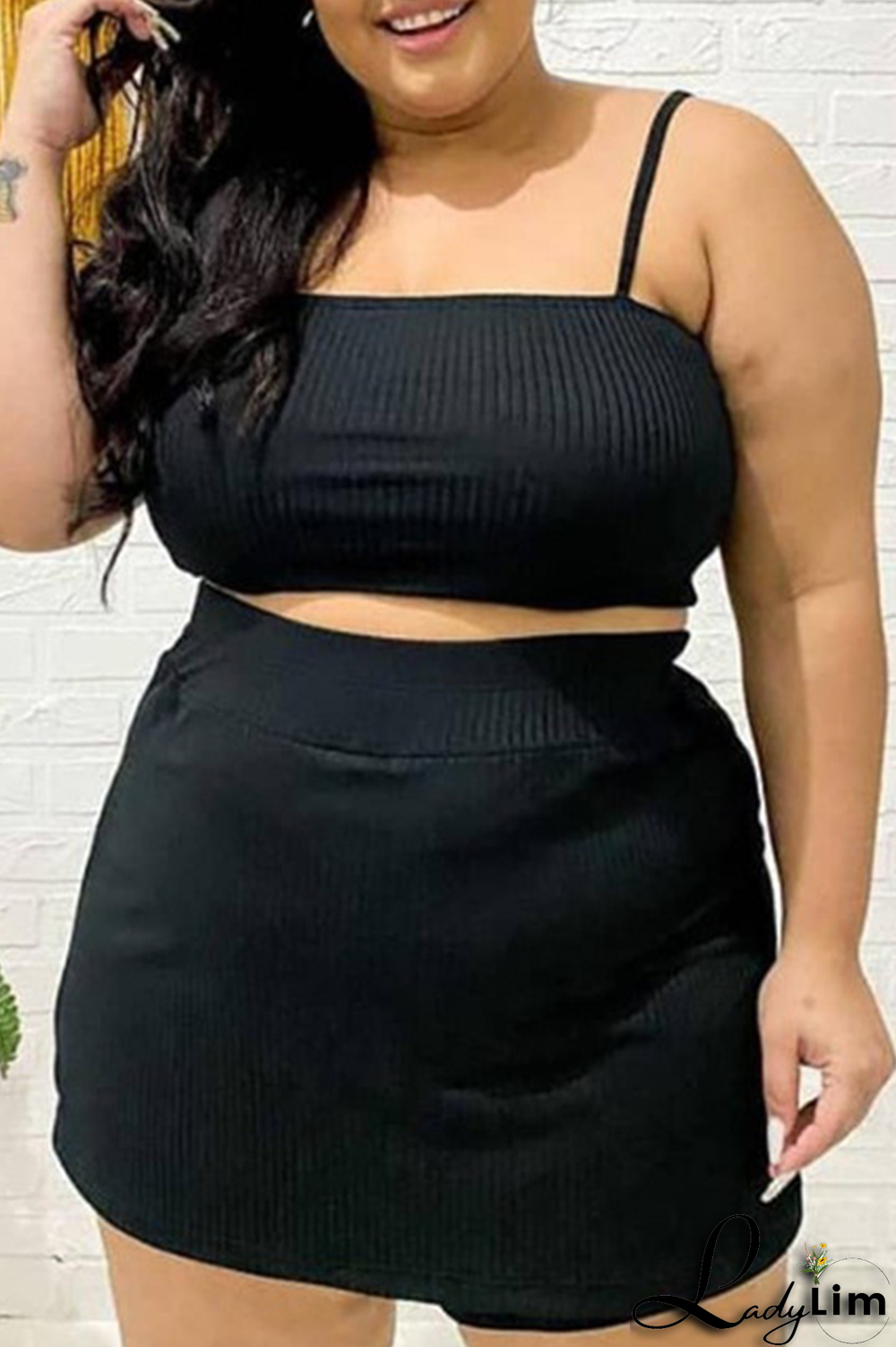 Black Fashion Solid Patchwork Spaghetti Strap Plus Size Two Pieces