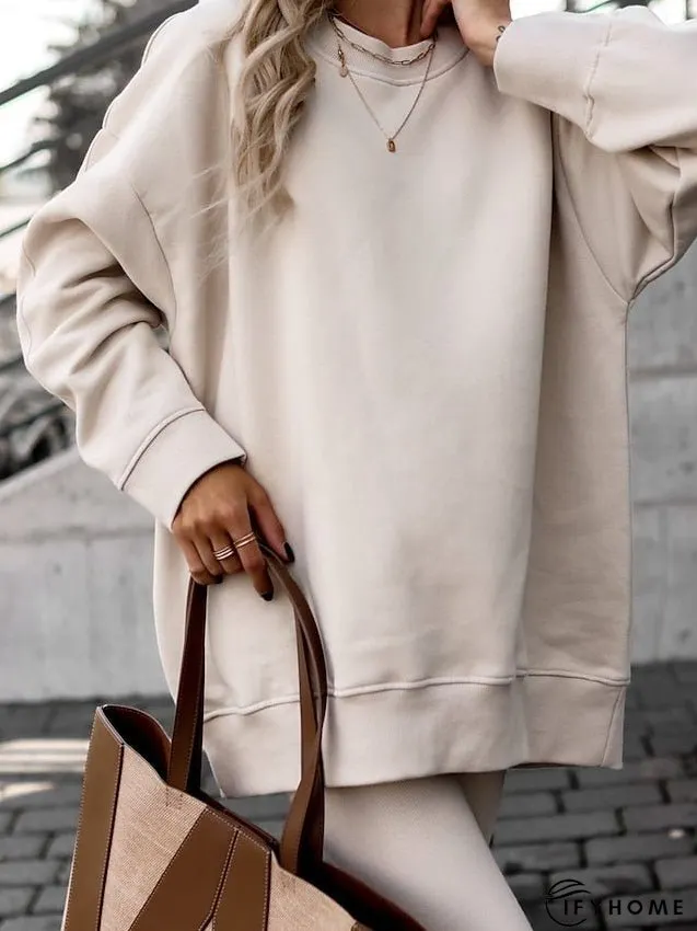 Sweatshirt Tracksuit Pants Sets Pants Trousers Active Streetwear Pink Khaki Sports Outdoor Casual Solid Color Crew Neck S M L XL XXL for Women | IFYHOME