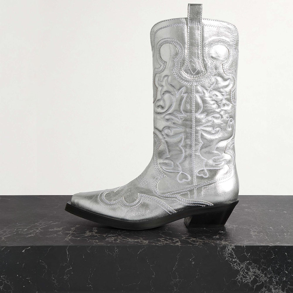 Silver Metallic Finish Pointed Toe Embroidered Mid-Calf Cowgirl Boots