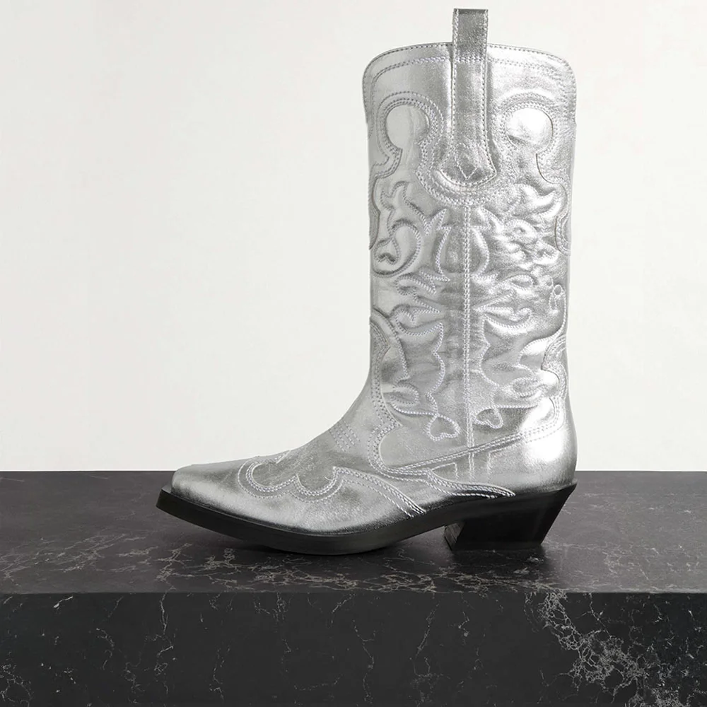 Silver Metallic Finish Pointed Toe Embroidered Mid-Calf Cowgirl Boots Nicepairs