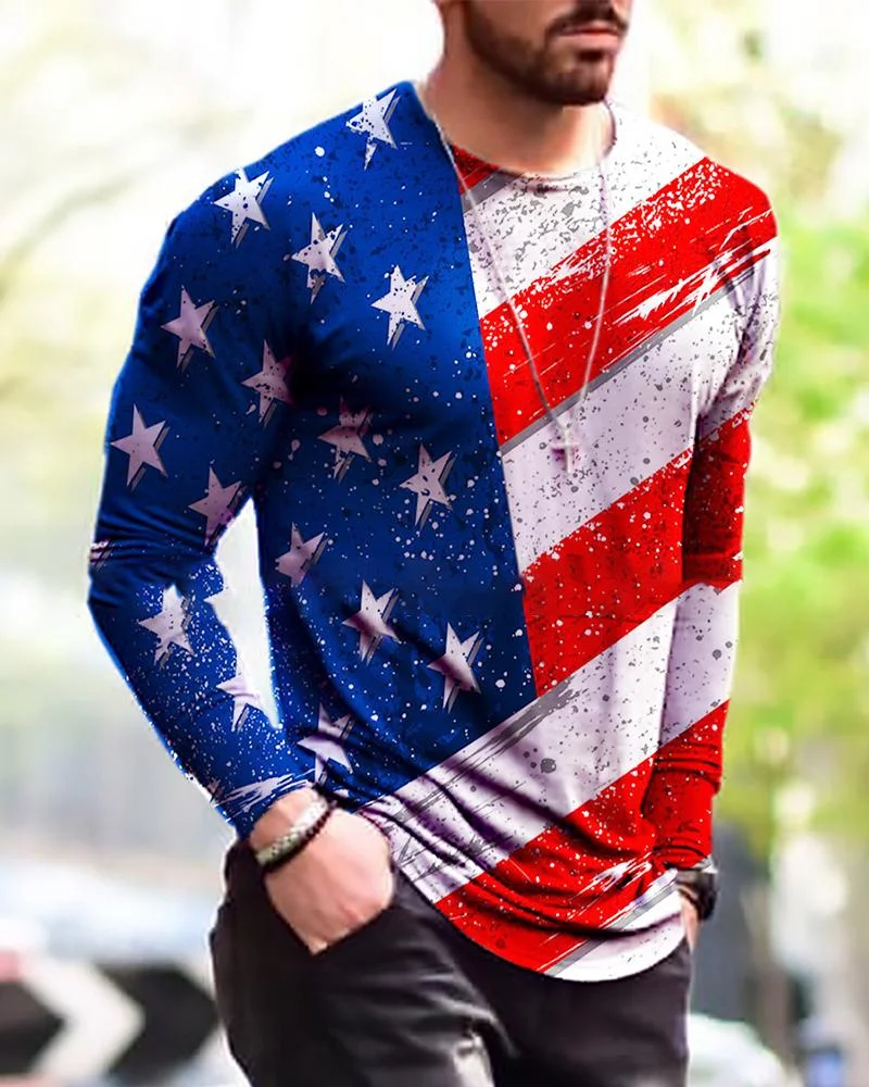 men's national flag printing long-sleeved T-shirt