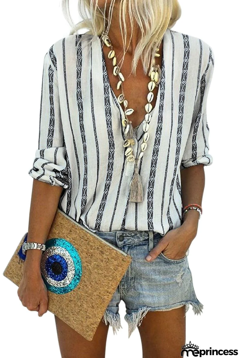 V Neck Striped Button Up Blouse