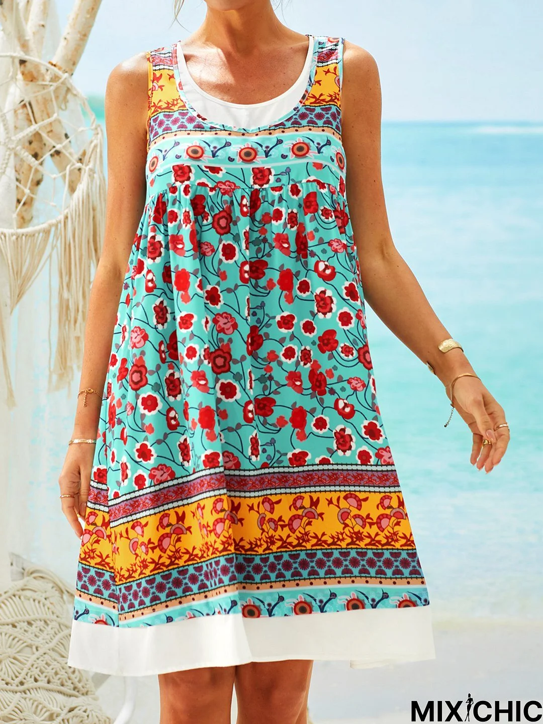 Boho Crew Neck Holiday Floral-Print Sleeveless Weaving Dress