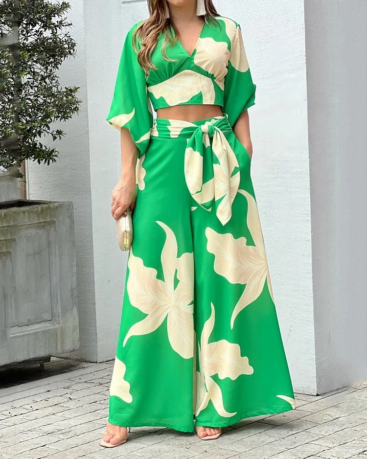 Fashion Print V-Neck Long Sleeve Top & Wide Leg Pants Two-Piece Set-mysite