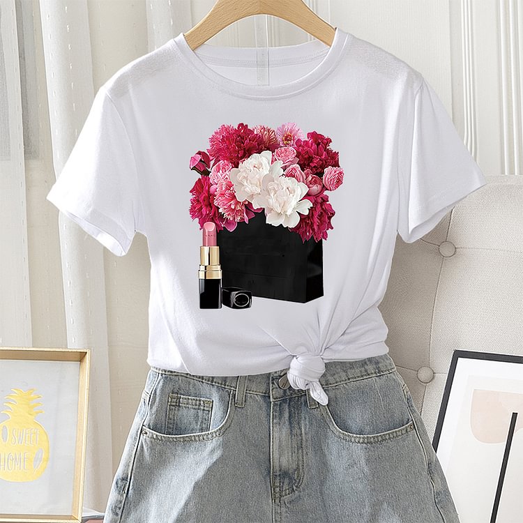 Female Summer Graphic Fashion T-shirt Women Casual 100% Cotton Short Sleeve Lipstick Flower Print Ladies Vintage O-Neck Tee Tops - Life is Beautiful for You - SheChoic