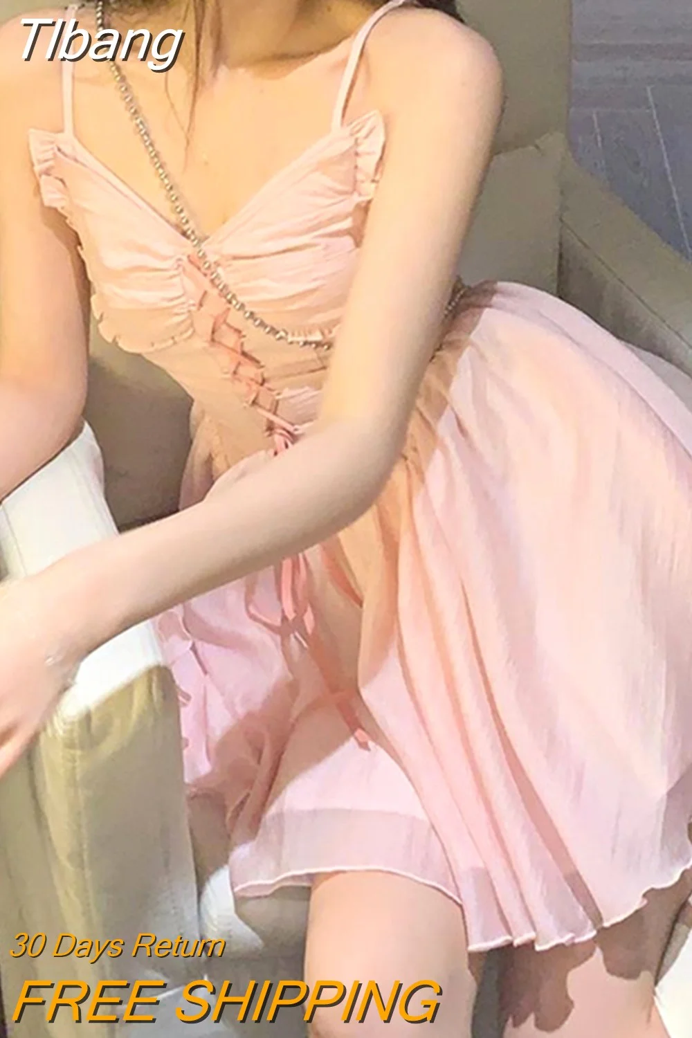 Tlbang Pink France Elegant Dress Women Strappy Sweet Casual Suspender Dress Female Ruffle Flounce Korean Style Fashion Dress New