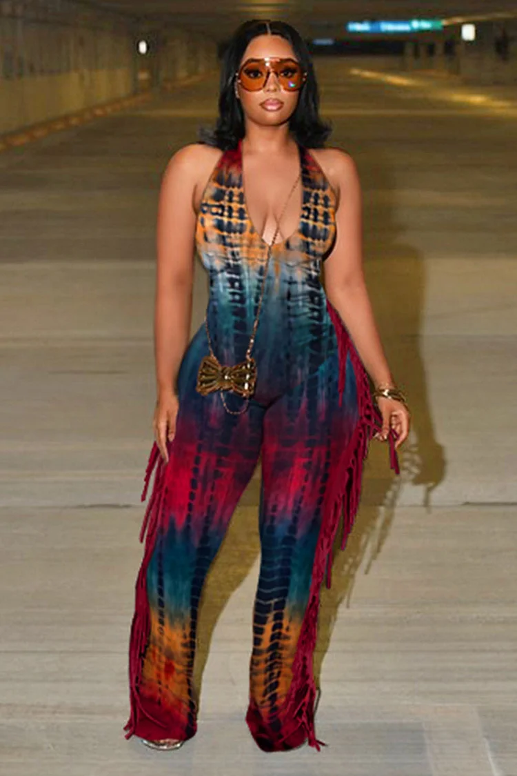Tie Dye Halter Fringe EDM Party Wide Leg Jumpsuit-Multicolor [Pre Order]