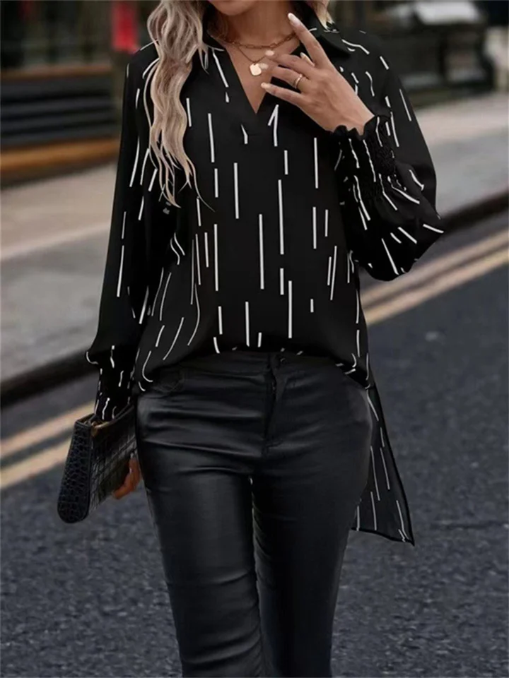 Spring and Autumn Women's Casual Loose Type Pullover Shirt Collar Insert Sleeve Top Striped Long-sleeved Temperament Elegant Shirt