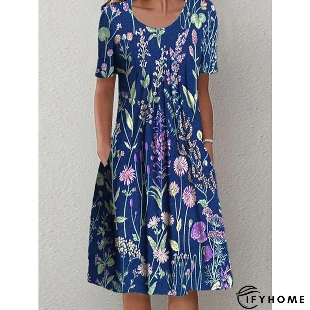 Women's Casual Dress Floral Dress Print Dress Floral Pocket Print Crew Neck Midi Dress Active Fashion Outdoor Home Short Sleeve Loose Fit Blue Dark Blue Spring Summer S M L XL XXL | IFYHOME