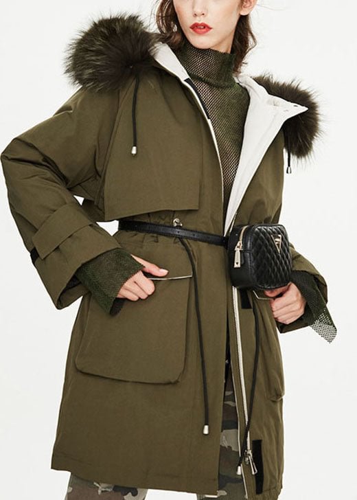 Modern Army Green Raccoon hair collar Pockets tie waist Winter Duck Down Puffer Coat CK2483- Fabulory