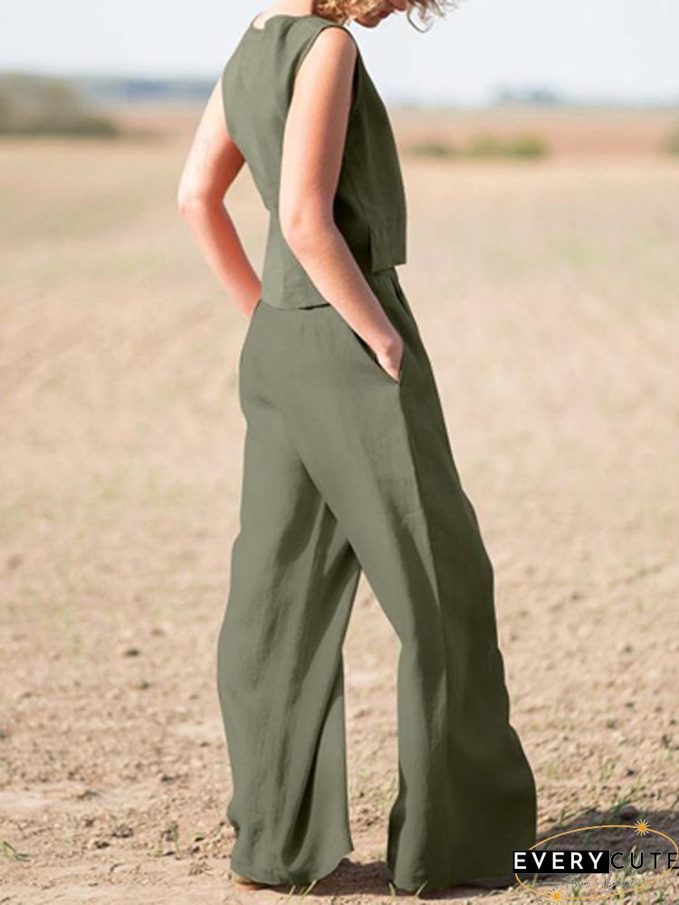 Solid Sleeveless Blouse Pants Set