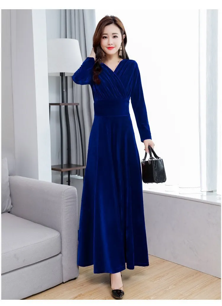 V Neck Plain Slim Defined Waist Velvet Dress