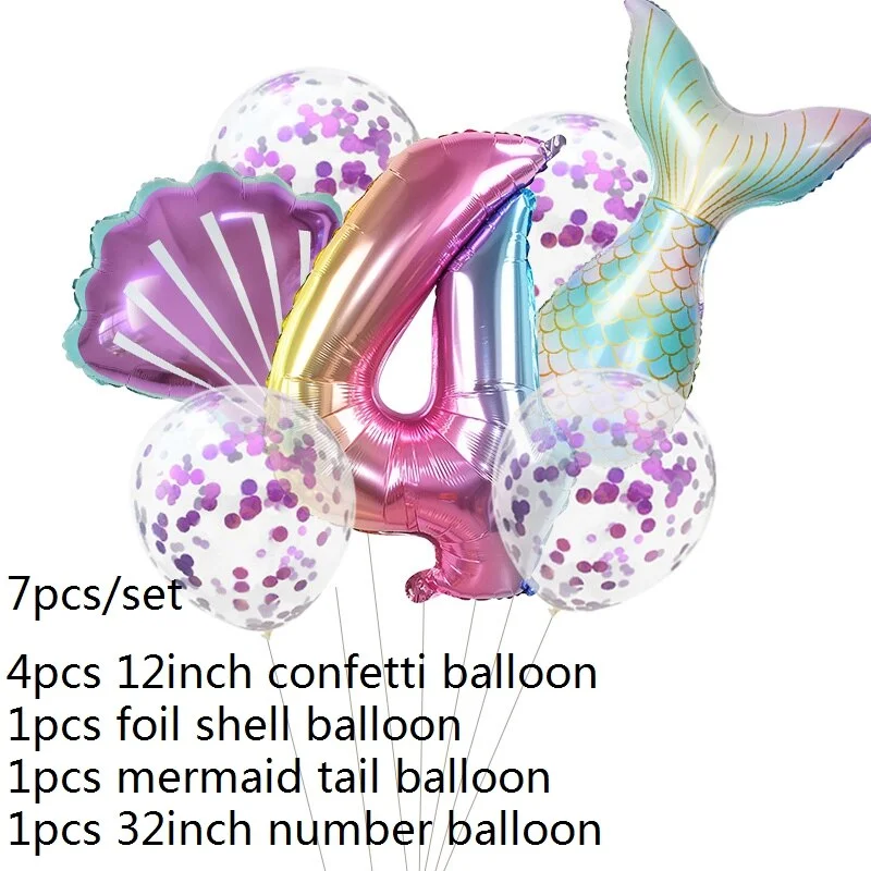 7pcs Mermaid Party Balloons 0 1 2 3 4 5 6 7 8 9 Number Foil Balloon Kids Birthday Party Decorations Baby Shower Helium Globos